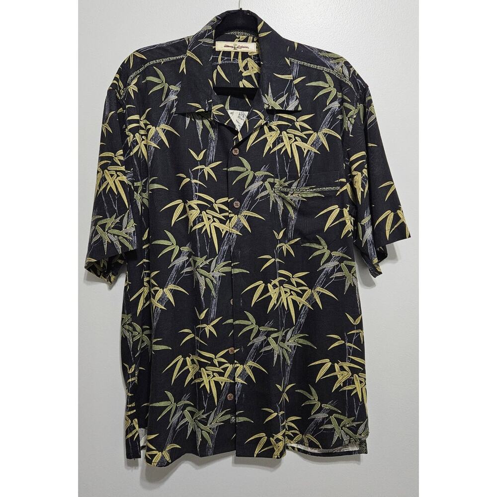 Mens Tommy Bahama SS L Black and Green Palms Button Down 100% Silk Camp Shirt